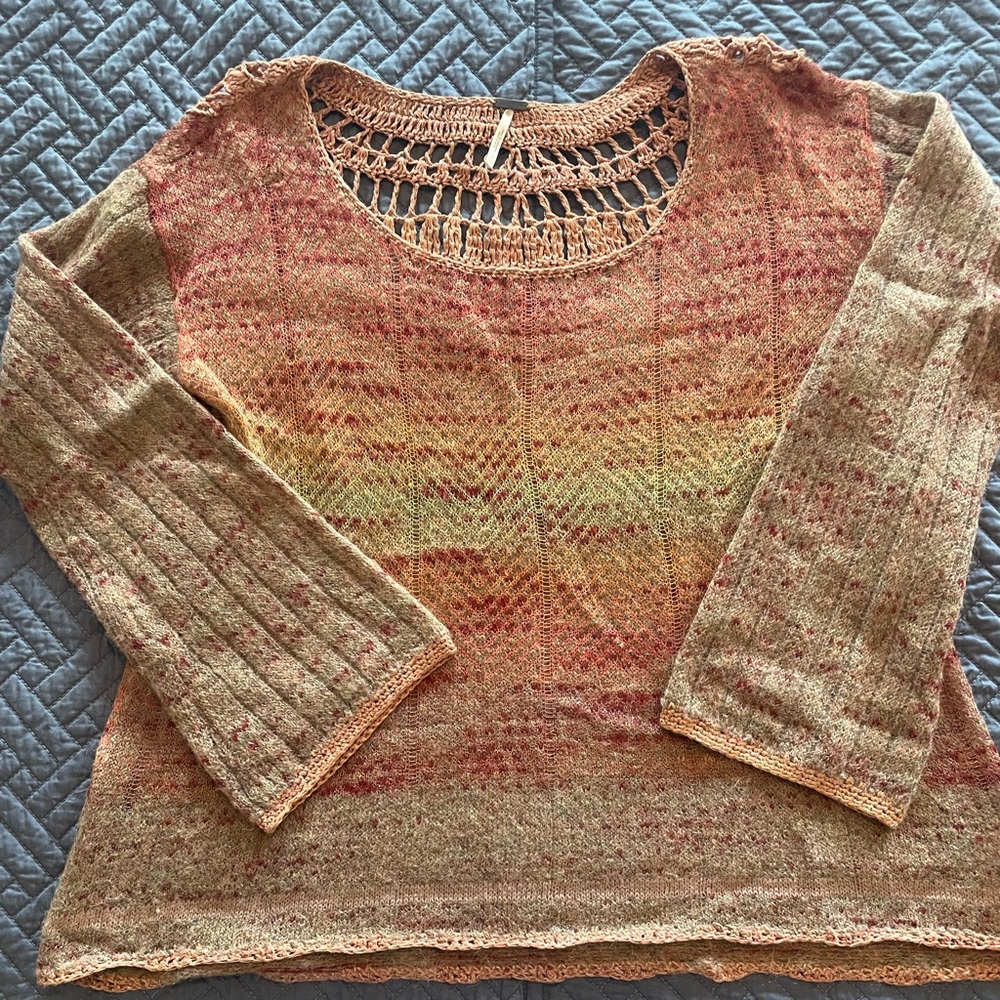 Free People multicolor autumninal sweater, crochet work on back